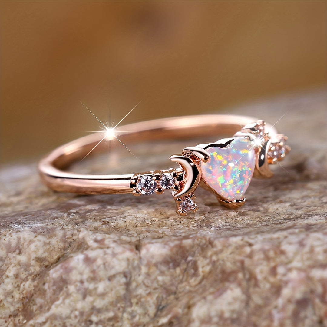 Anillo de fases lunares con corazón de ópalo "Light Of Our Love" de Olivenorma 