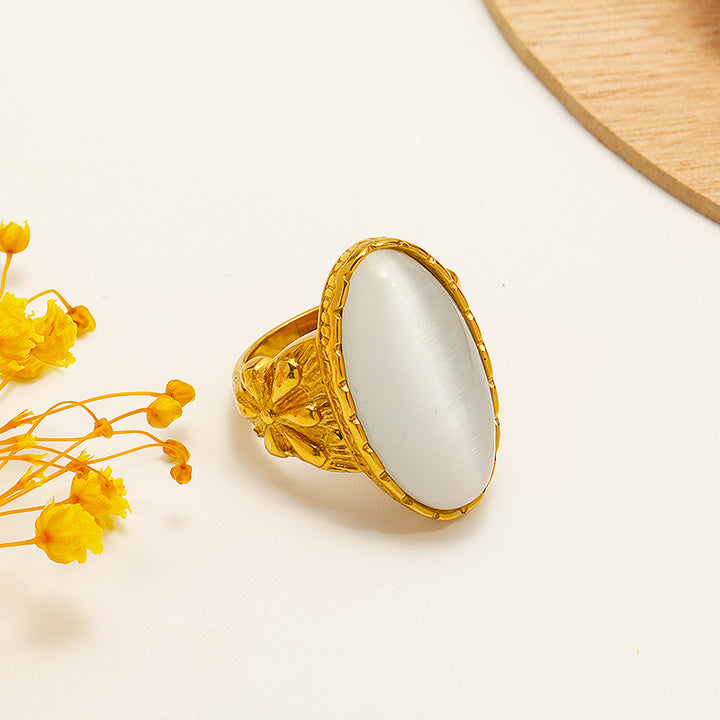 Anillo con piedra de ojo de gato ovalada blanca y verde de Olivenorma