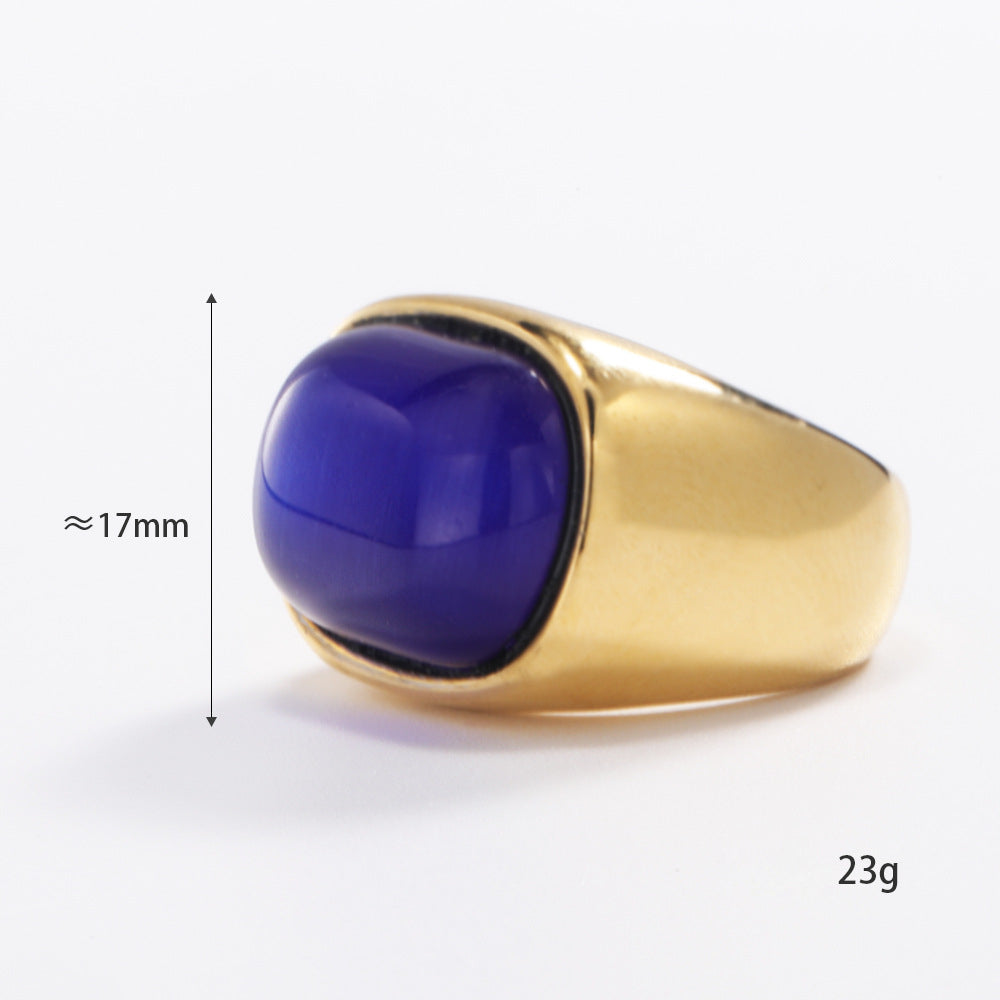 Anillo de acero y titanio con piedra de ojo de gato ovalada y turquesa de Olivenorma