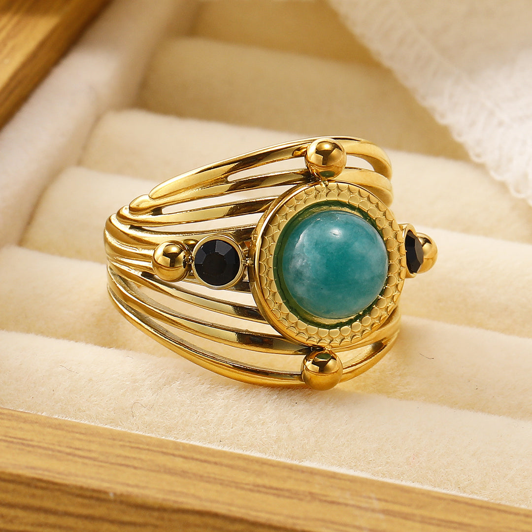 Anillo ajustable abierto multicapa de amazonita natural de Olivenorma