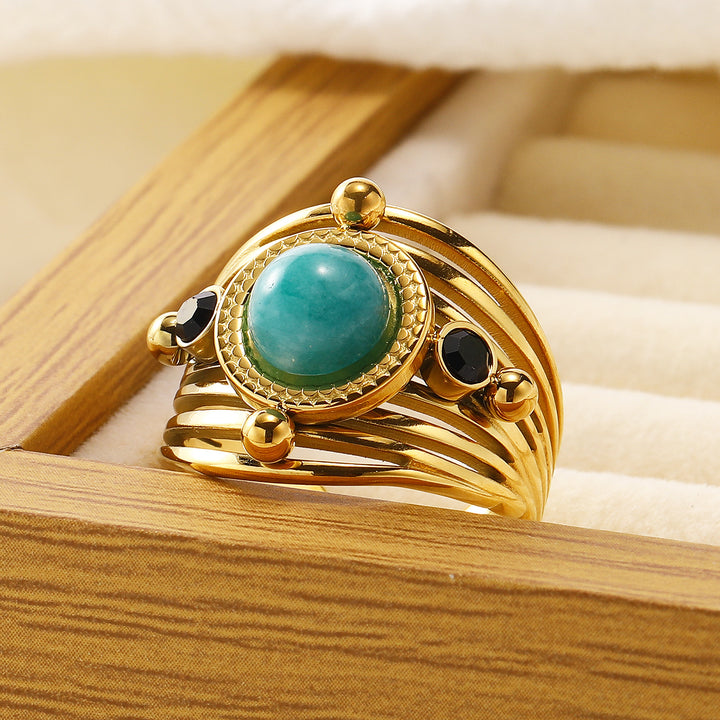 Anillo ajustable abierto multicapa de amazonita natural de Olivenorma