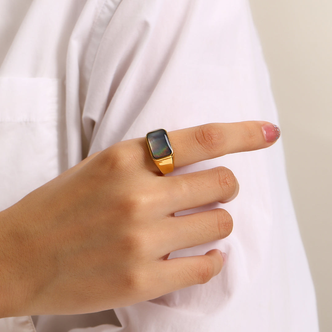Anillo de acero y titanio con concha de abulón y nácar rectangular de Olivenorma
