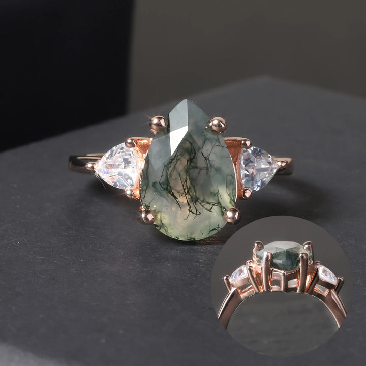 Anillo de compromiso nupcial con forma de lágrima de ágata musgosa de Olivenorma