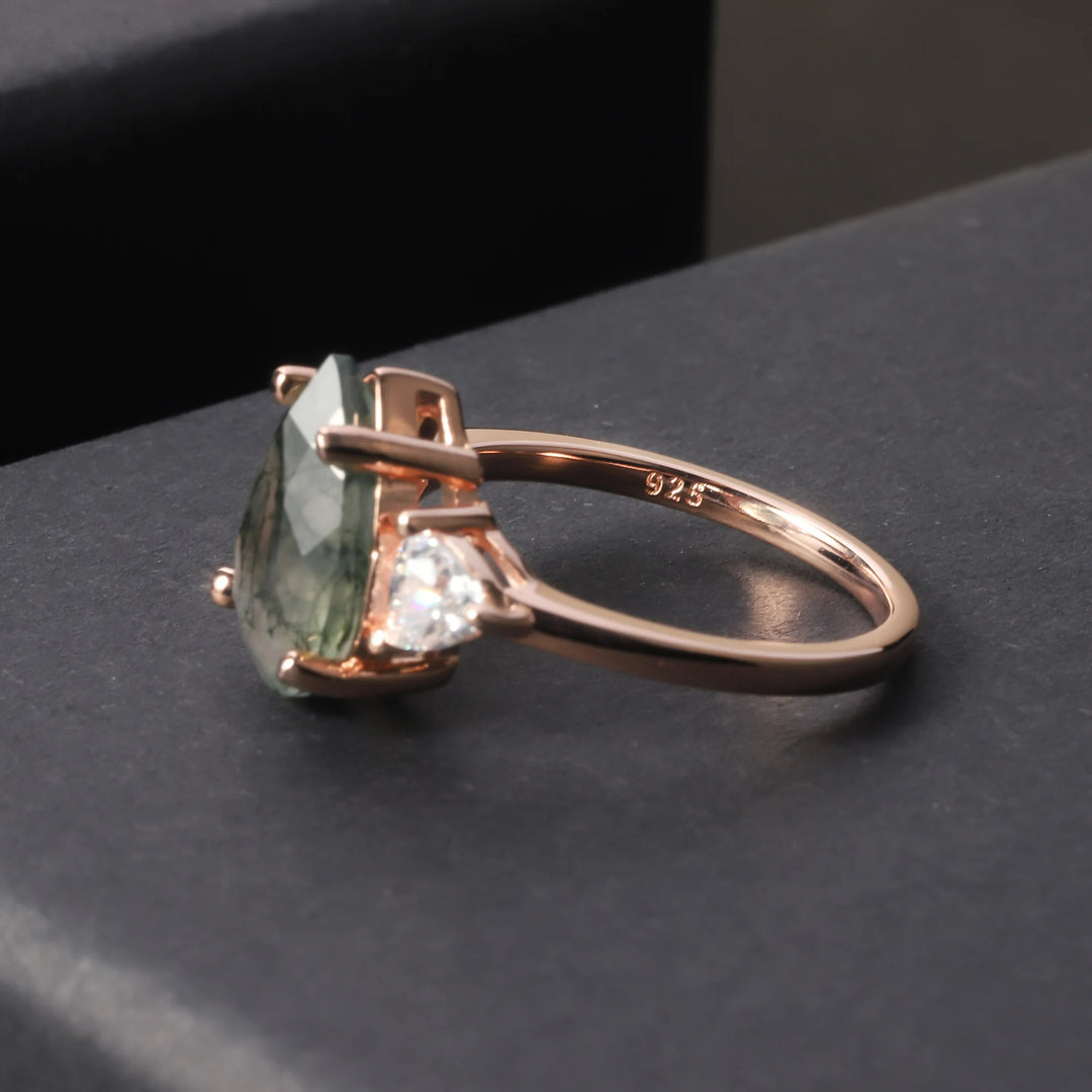 Anillo de compromiso nupcial con forma de lágrima de ágata musgosa de Olivenorma