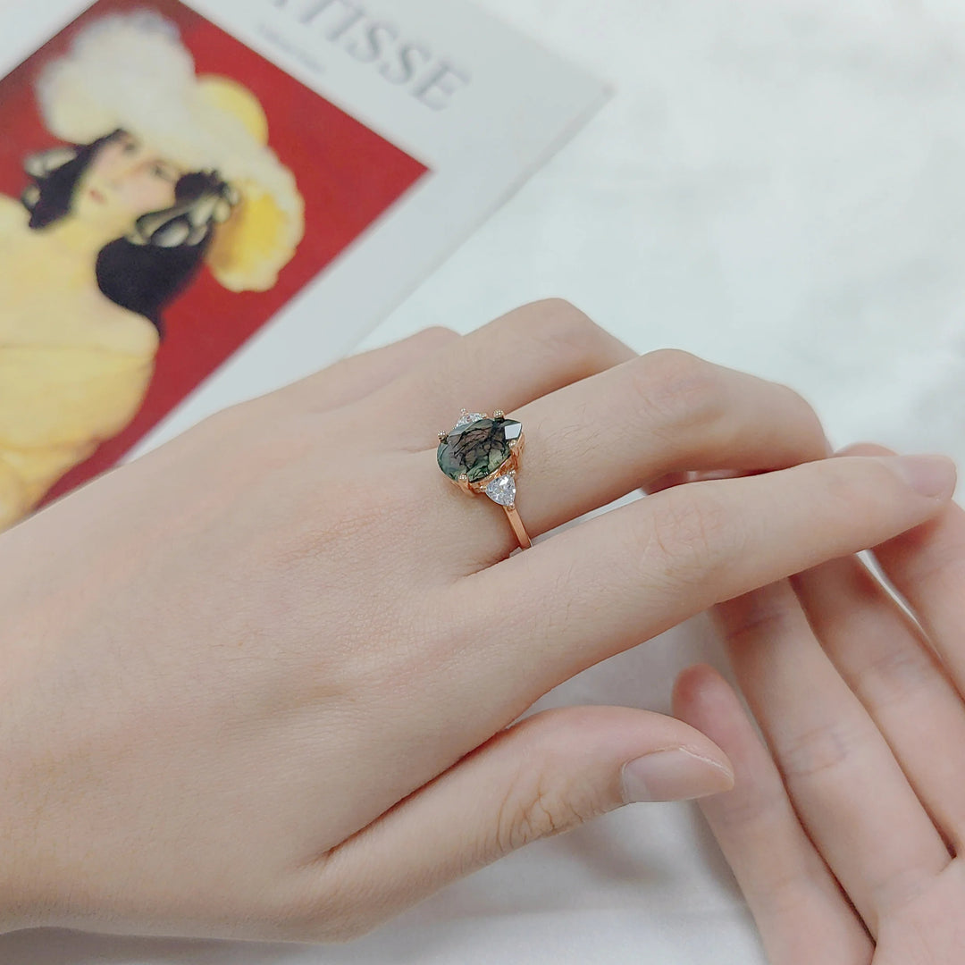 Anillo de compromiso nupcial con forma de lágrima de ágata musgosa de Olivenorma