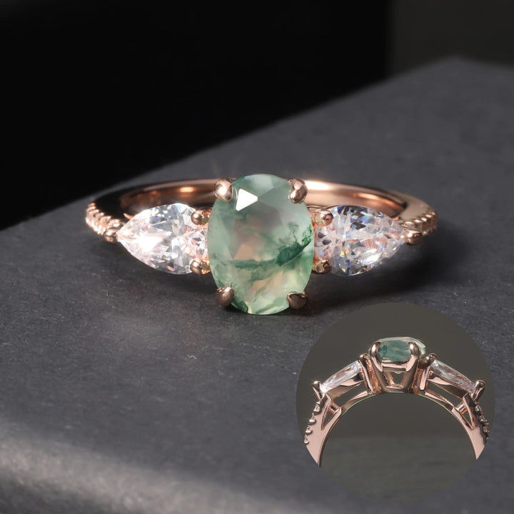 Anillo bilateral de ágata musgosa de Olivenorma con circonita blanca