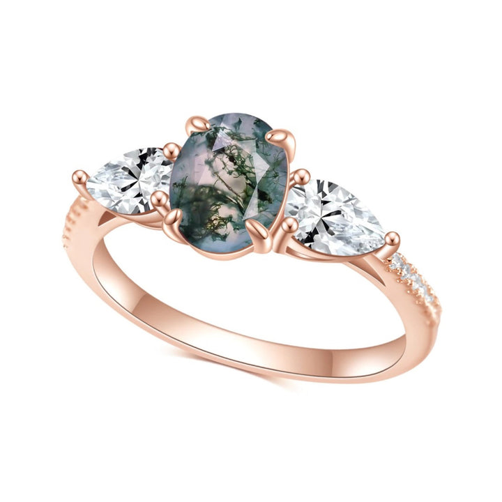 Anillo bilateral de ágata musgosa de Olivenorma con circonita blanca