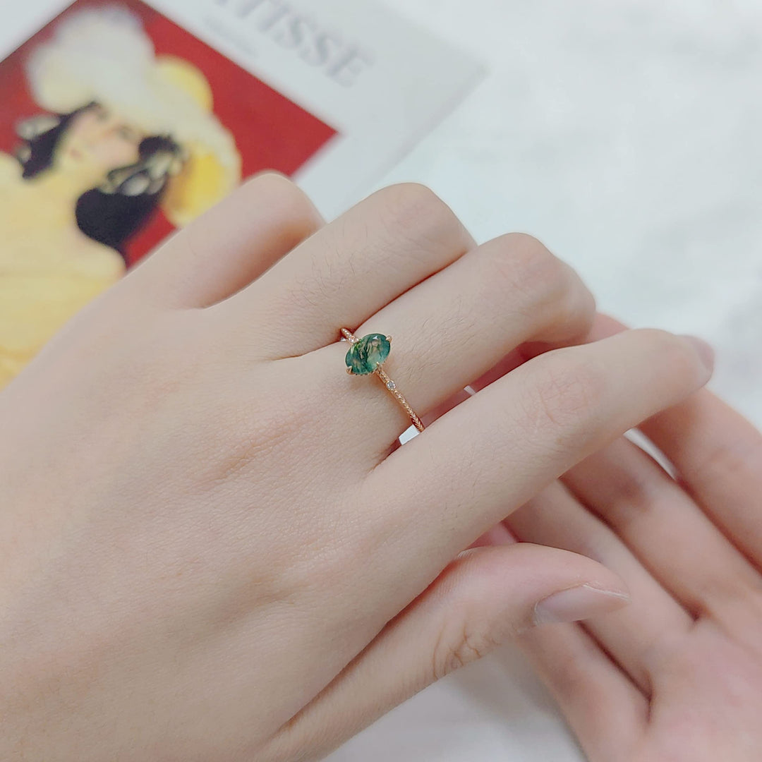 Anillo de compromiso de plata de ley 925 con ágata musgosa de Olivenorma