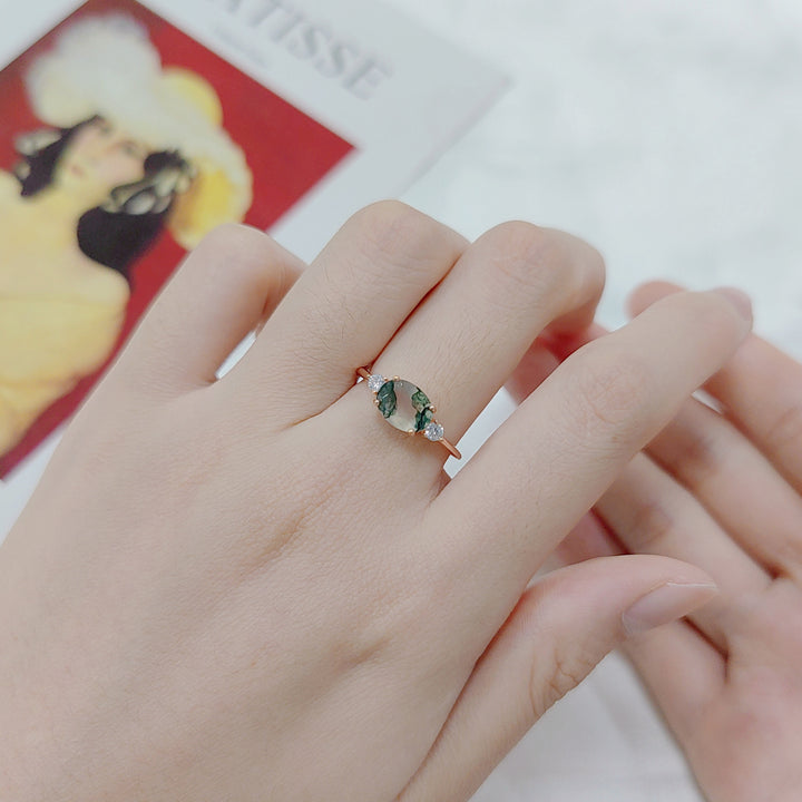 Anillo de compromiso de plata de ley 925 con ágata musgosa de Olivenorma