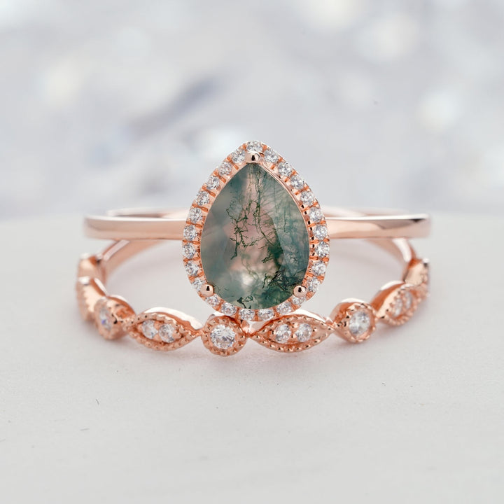 Anillo de compromiso Olivenorma de ágata musgosa con corte de pera