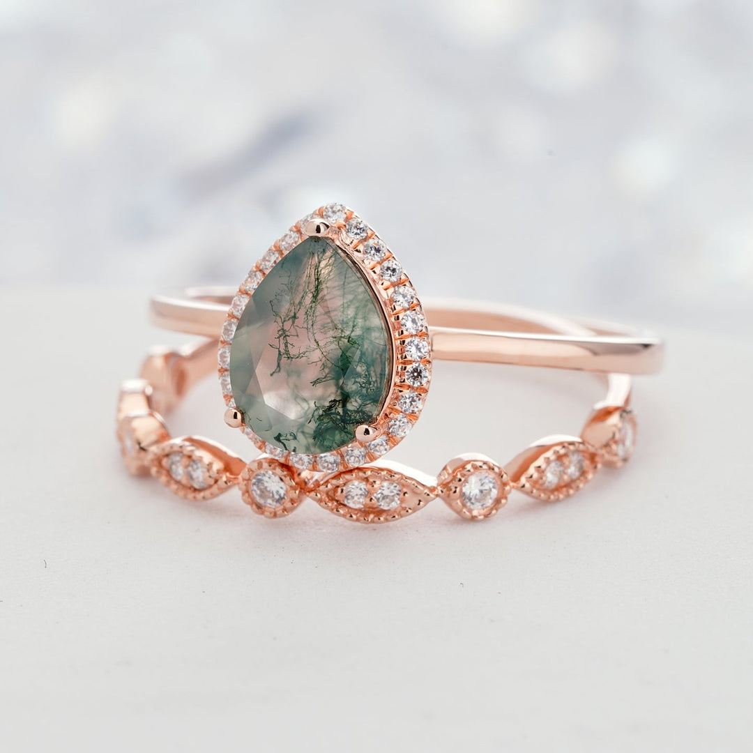 Anillo de compromiso Olivenorma de ágata musgosa con corte de pera