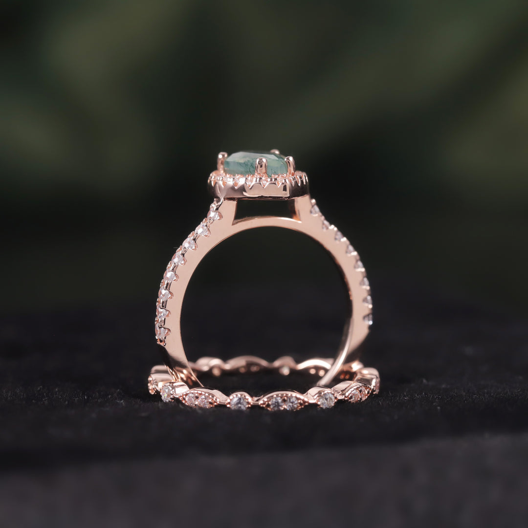 Anillo de compromiso Olivenorma de ágata musgosa con corte de pera