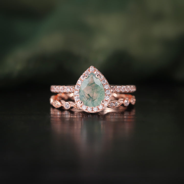 Anillo de compromiso Olivenorma de ágata musgosa con corte de pera