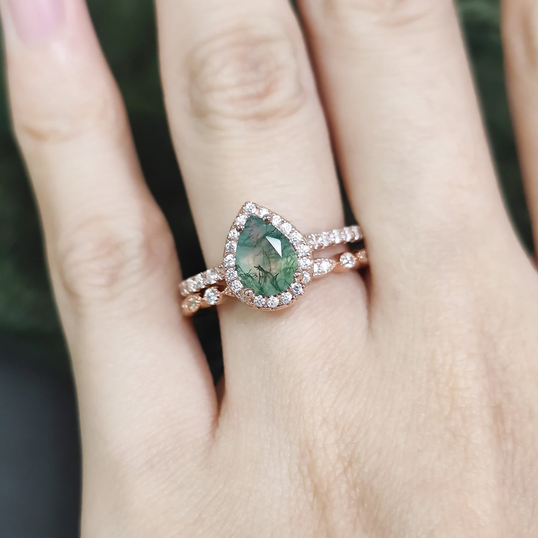 Anillo de compromiso Olivenorma de ágata musgosa con corte de pera