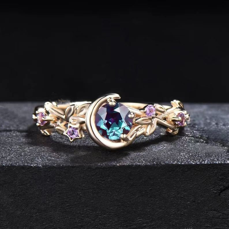 Anillo de compromiso Olivenorma con amatista, hoja y rama de alejandrita con cambio de color, con luna y estrella - Oro - 10 - image 1