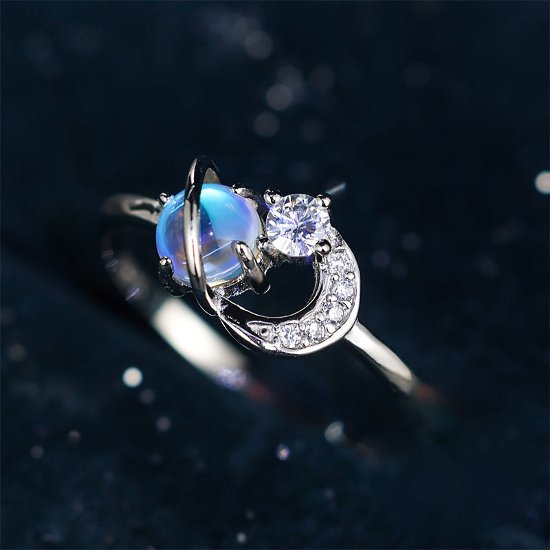 Anillo de piedra lunar con luna y planetas de Olivenorma "The Pure Break" 