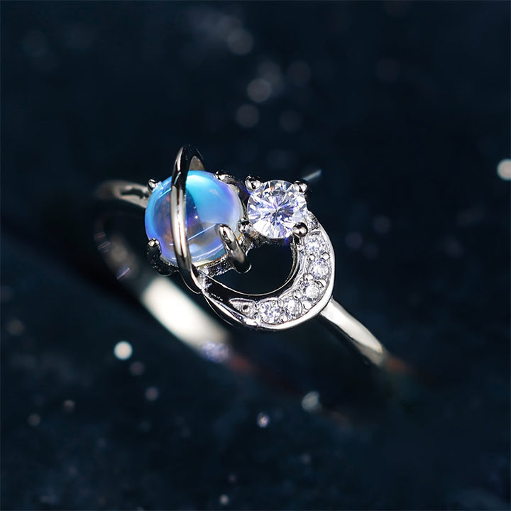 Anillo de piedra lunar con luna y planetas de Olivenorma "The Pure Break" 