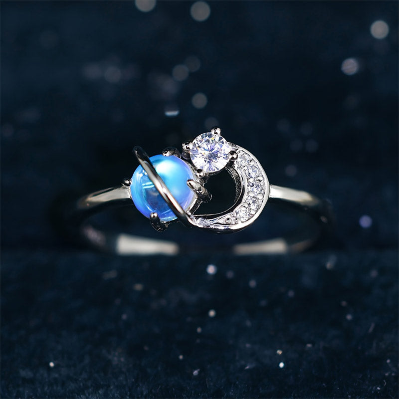Anillo de piedra lunar con luna y planetas de Olivenorma "The Pure Break" 
