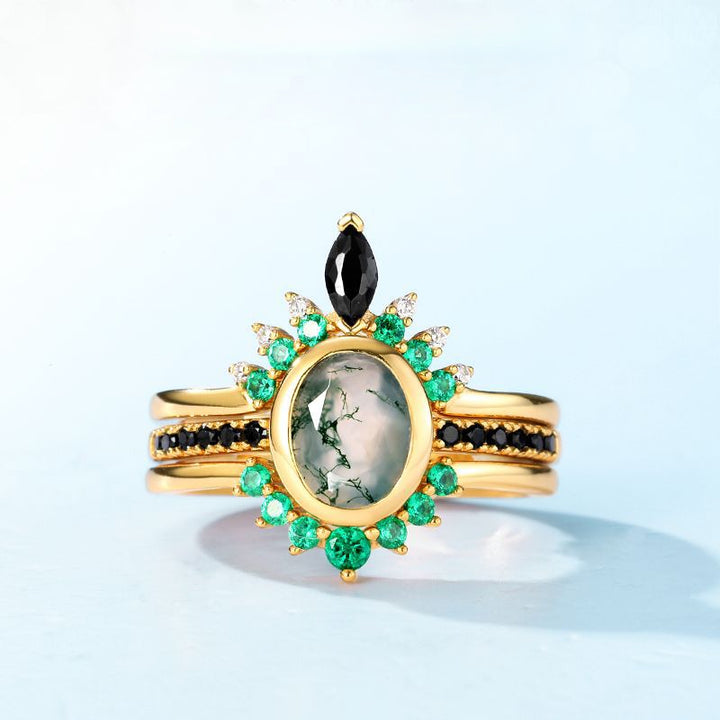 Anillo de tres capas de circonita y ágata musgosa de Olivenorma