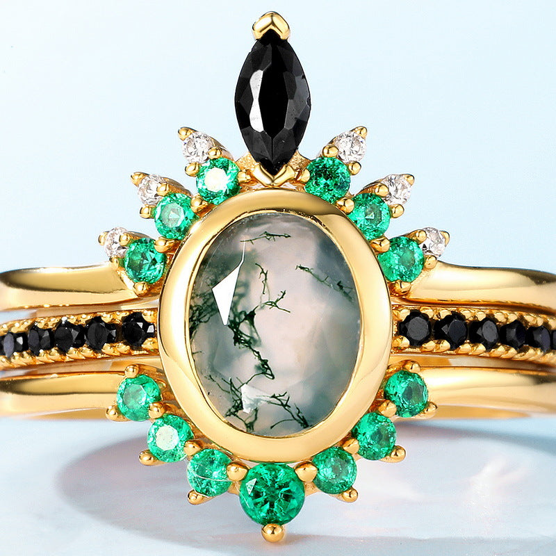 Anillo de tres capas de circonita y ágata musgosa de Olivenorma