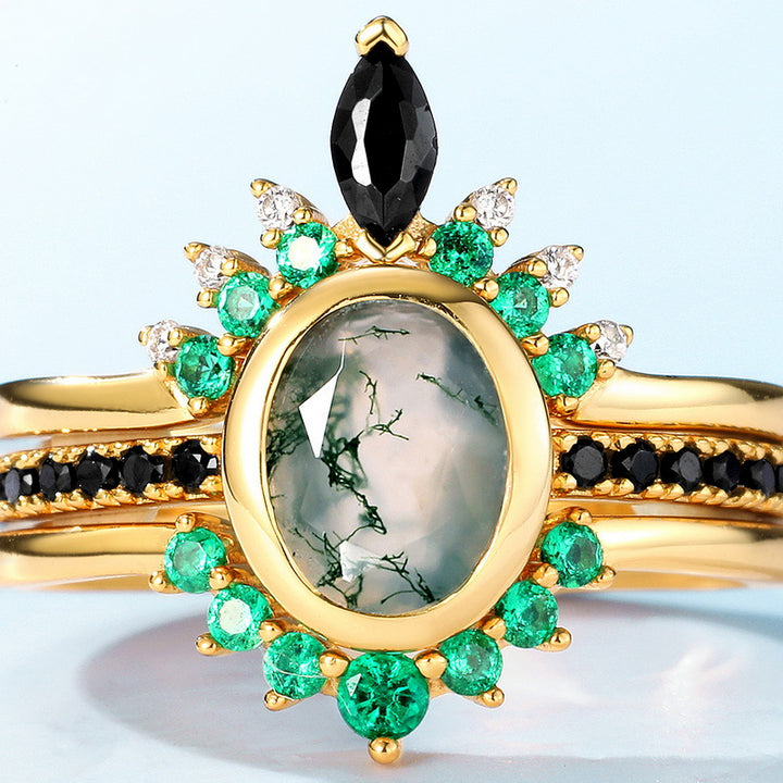 Anillo de tres capas de circonita y ágata musgosa de Olivenorma