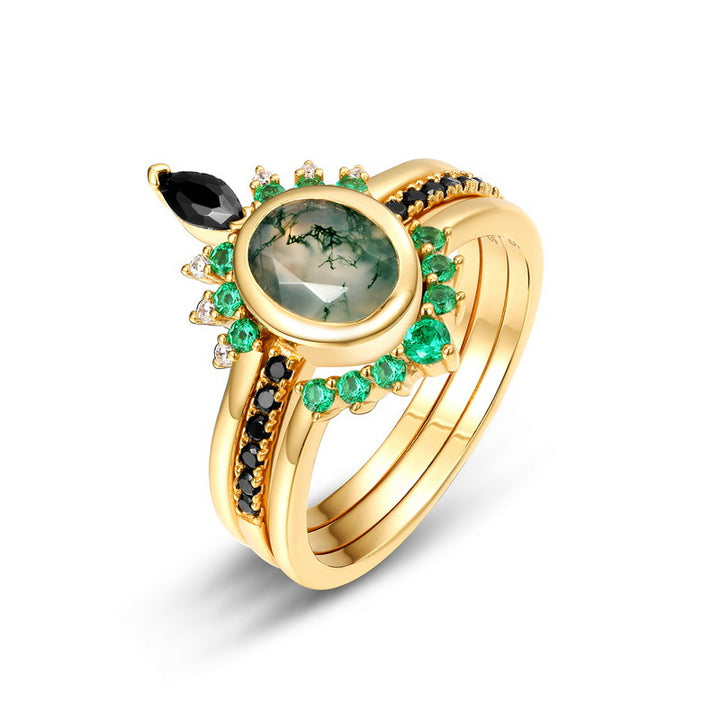 Anillo de tres capas de circonita y ágata musgosa de Olivenorma