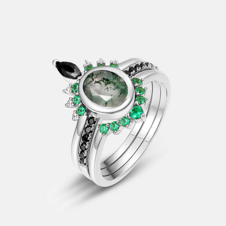Anillo de tres capas de circonita y ágata musgosa de Olivenorma