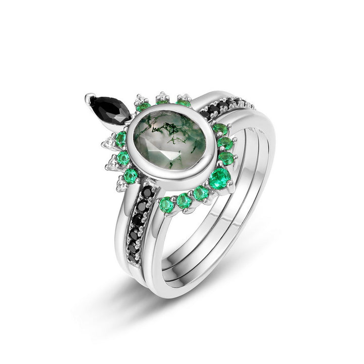 Anillo de tres capas de circonita y ágata musgosa de Olivenorma