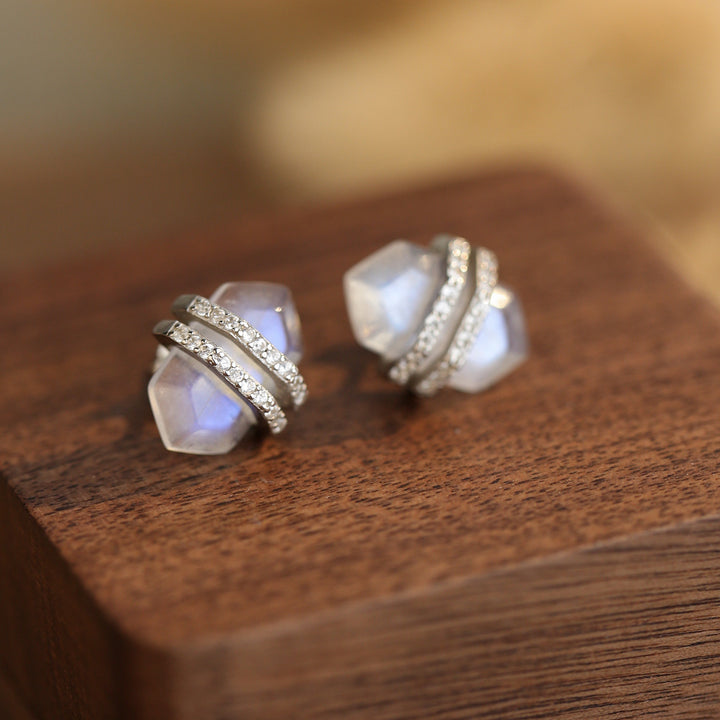 Pendientes de plata de ley S925 con circonita blanca y piedra lunar hexagonal de Olivenorma