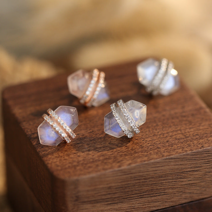Pendientes de plata de ley S925 con circonita blanca y piedra lunar hexagonal de Olivenorma
