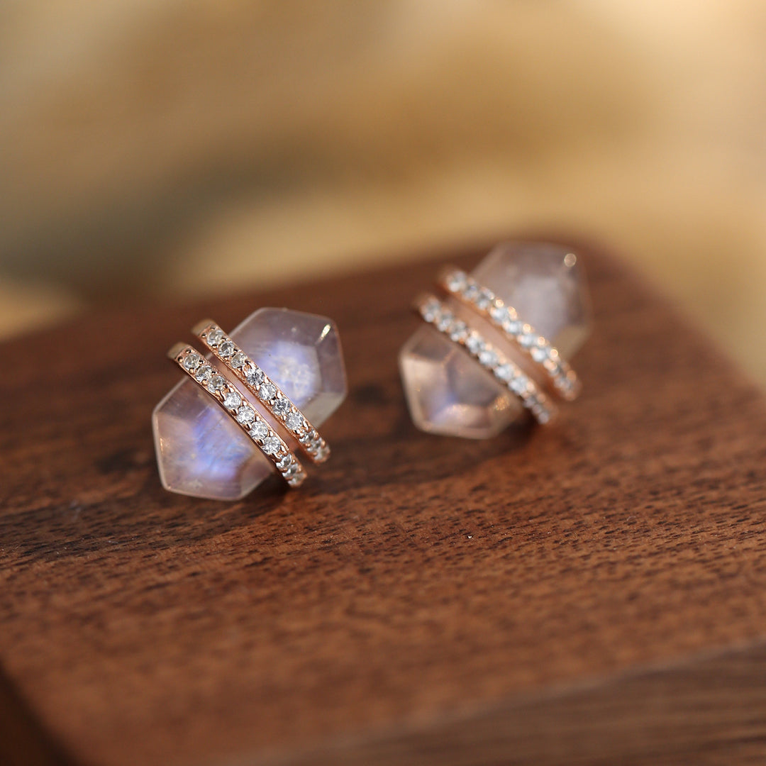 Pendientes de plata de ley S925 con circonita blanca y piedra lunar hexagonal de Olivenorma