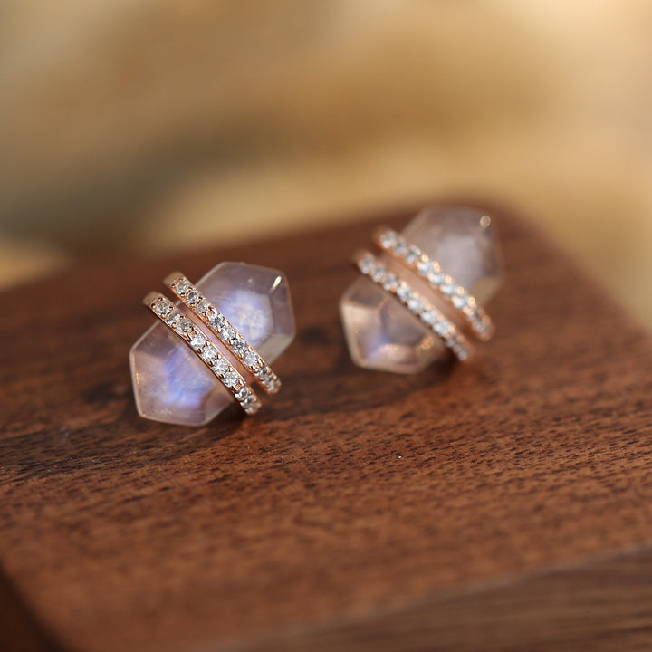 Pendientes de plata de ley S925 con circonita blanca y piedra lunar hexagonal de Olivenorma