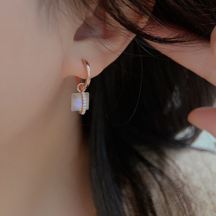 Pendientes de oro rosa y plata S925 con piedra lunar cuadrada de Olivenorma