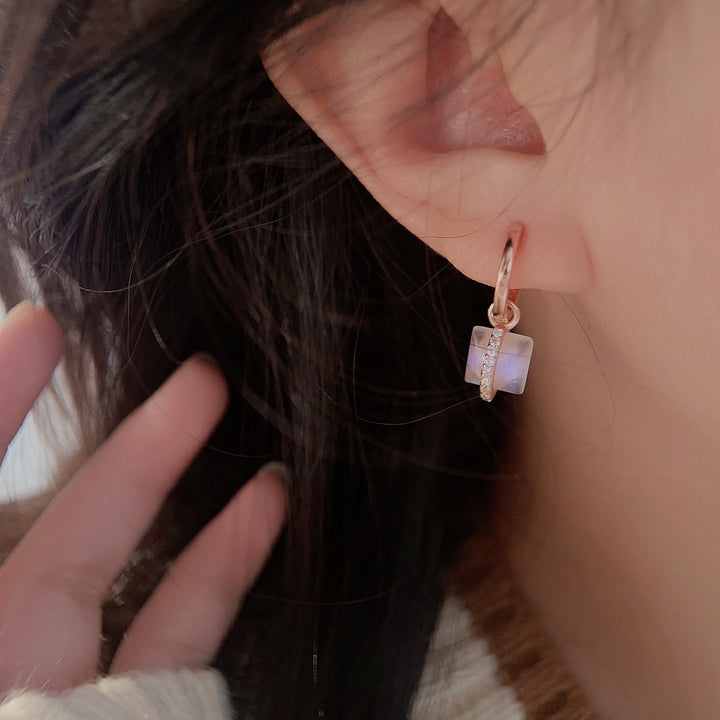 Pendientes de oro rosa y plata S925 con piedra lunar cuadrada de Olivenorma