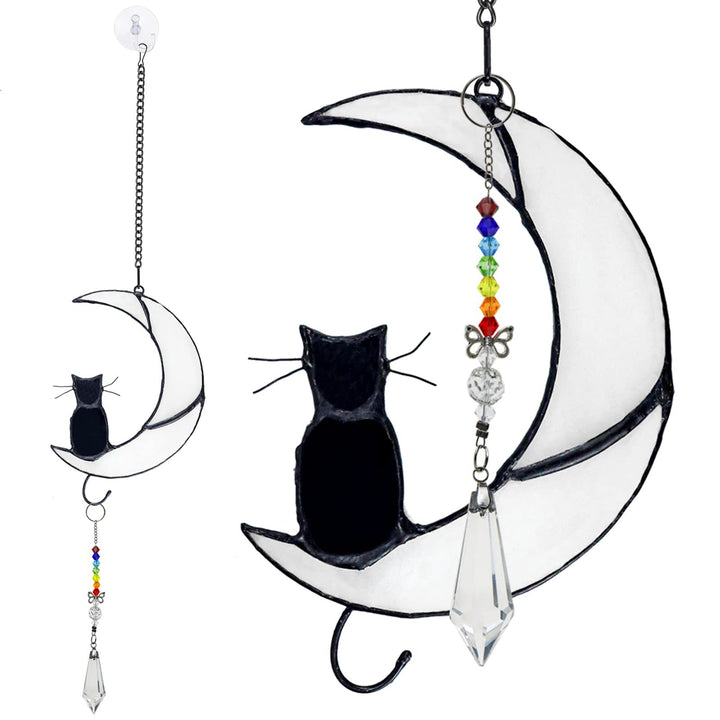 Adorno de cristal para ventana con forma de gato negro y luna blanca de Olivenorma