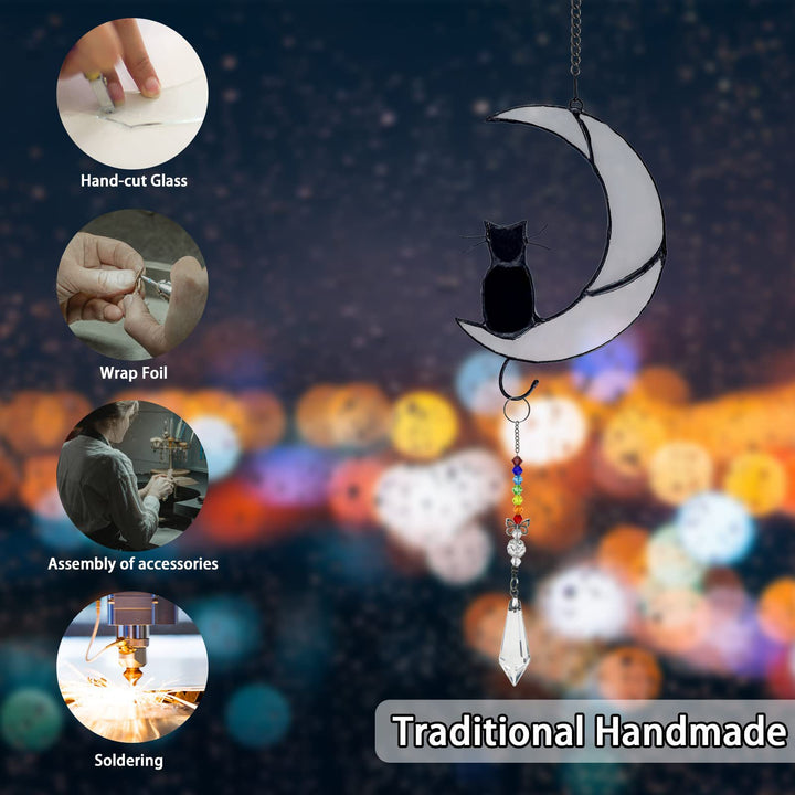 Adorno de cristal para ventana con forma de gato negro y luna blanca de Olivenorma