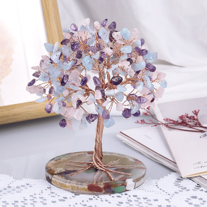 Árbol de Feng Shui de cristal curativo con base de ágata redonda de Olivenorma 