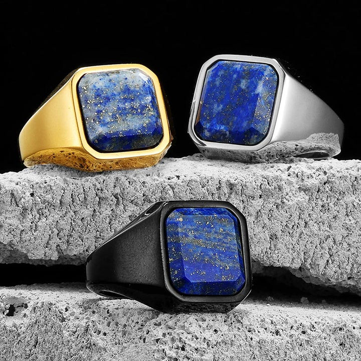 Anillo de acero inoxidable para hombre con diseño de galaxia, cielo estrellado y lapislázuli curativo de Olivenorma