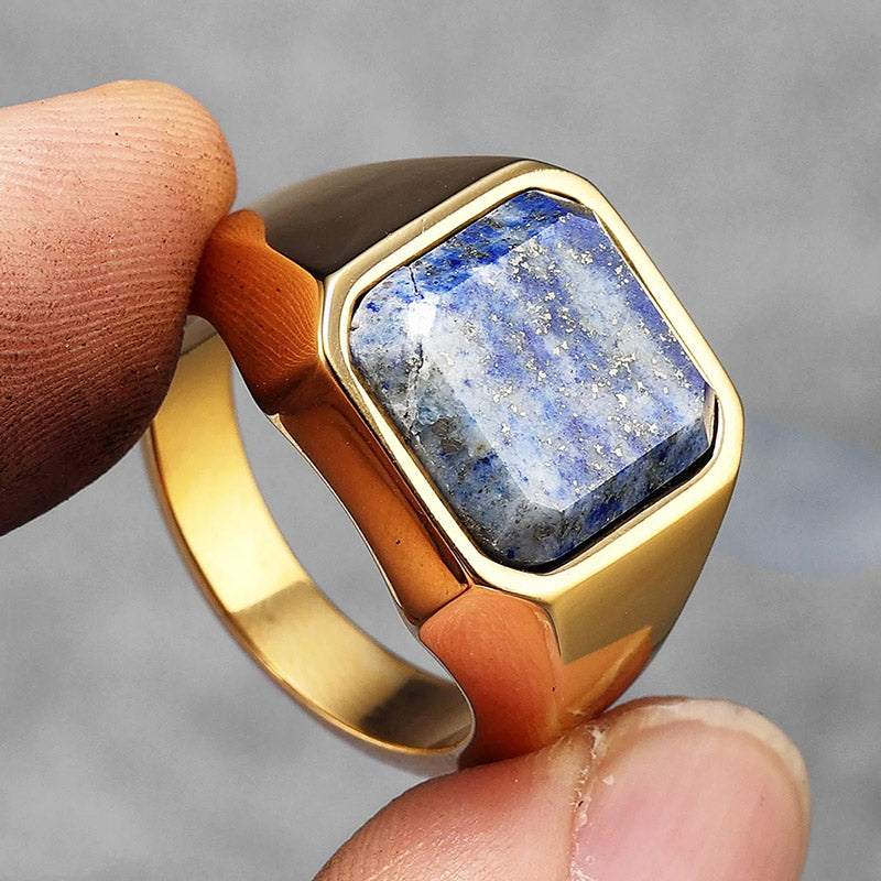 Anillo de acero inoxidable para hombre con diseño de galaxia, cielo estrellado y lapislázuli curativo de Olivenorma
