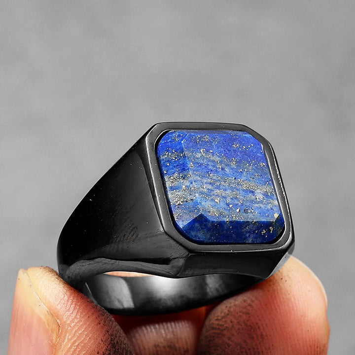 Anillo de acero inoxidable para hombre con diseño de galaxia, cielo estrellado y lapislázuli curativo de Olivenorma