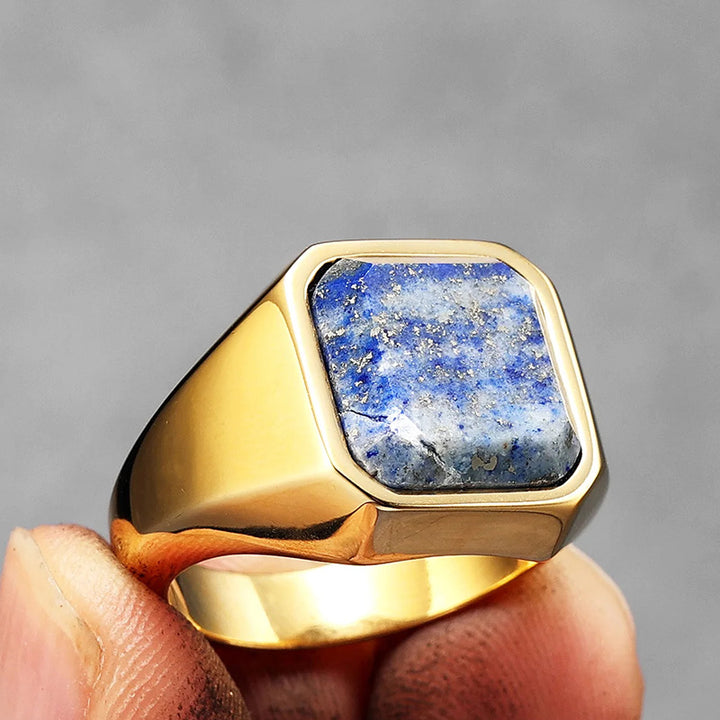 Anillo de acero inoxidable para hombre con diseño de galaxia, cielo estrellado y lapislázuli curativo de Olivenorma