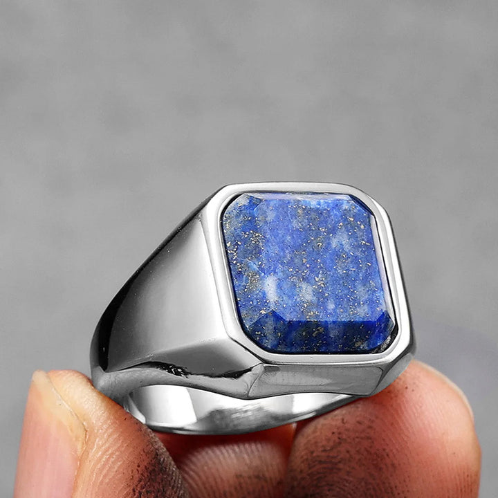 Anillo de acero inoxidable para hombre con diseño de galaxia, cielo estrellado y lapislázuli curativo de Olivenorma