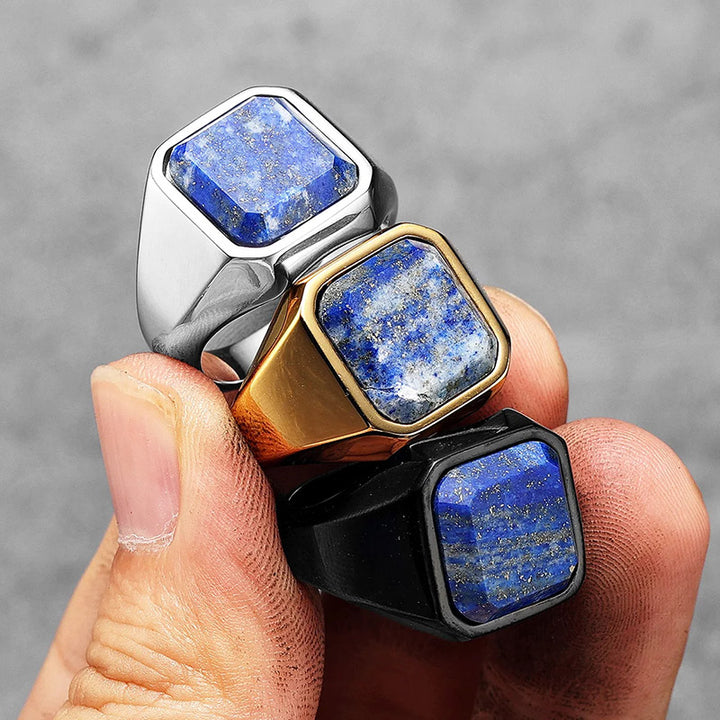 Anillo de acero inoxidable para hombre con diseño de galaxia, cielo estrellado y lapislázuli curativo de Olivenorma