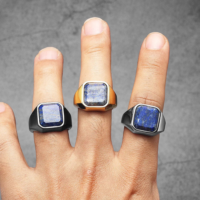 Anillo de acero inoxidable para hombre con diseño de galaxia, cielo estrellado y lapislázuli curativo de Olivenorma