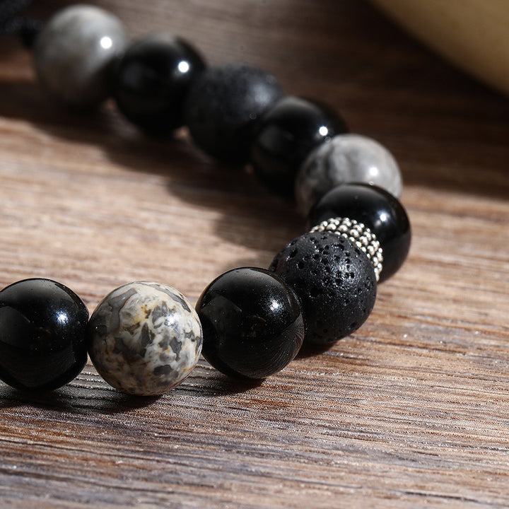 Pulsera de cuentas para hombre con piedra de lava volcánica y obsidiana de Olivenorma