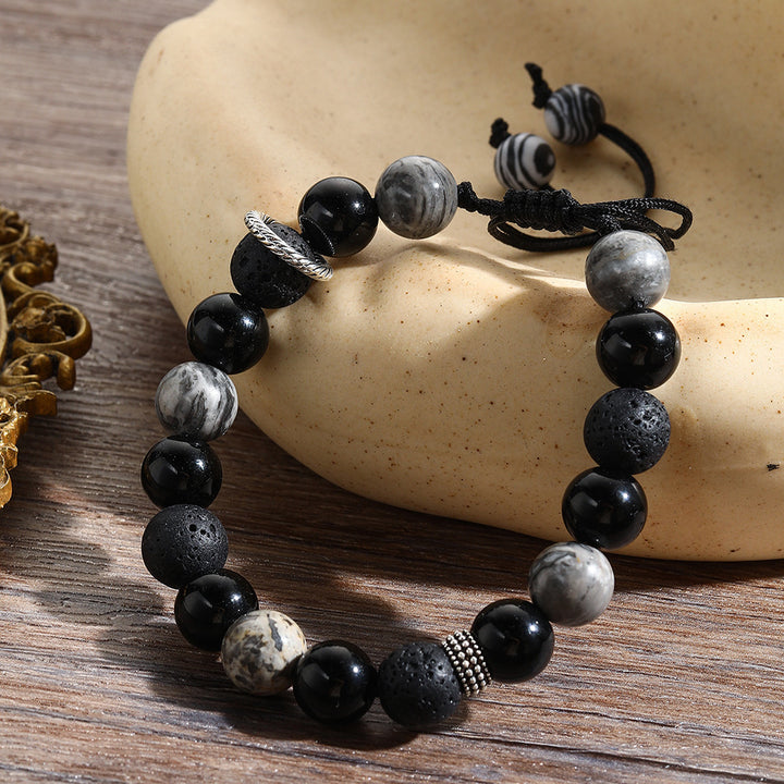 Pulsera de cuentas para hombre con piedra de lava volcánica y obsidiana de Olivenorma