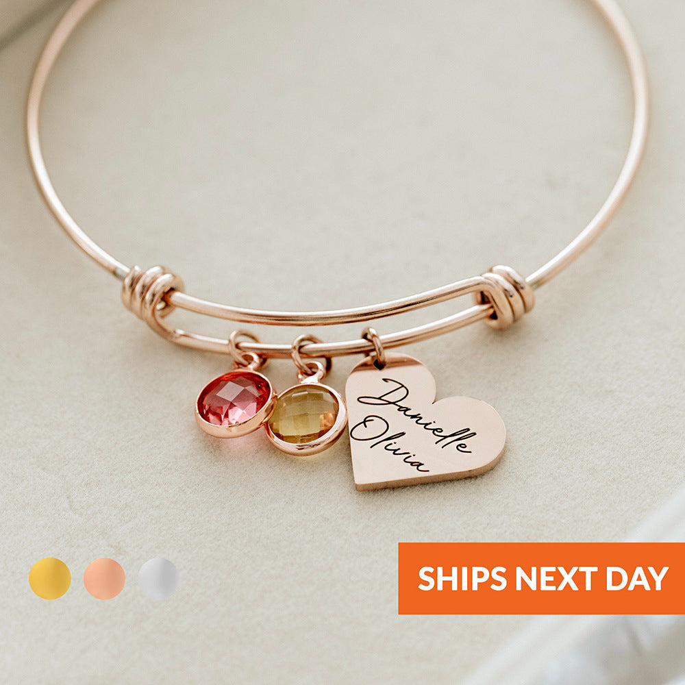 Pulsera retráctil con piedra natal grabada y corazón personalizado de Olivenorma