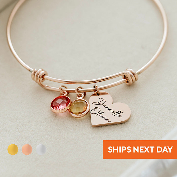 Pulsera retráctil con piedra natal grabada y corazón personalizado de Olivenorma