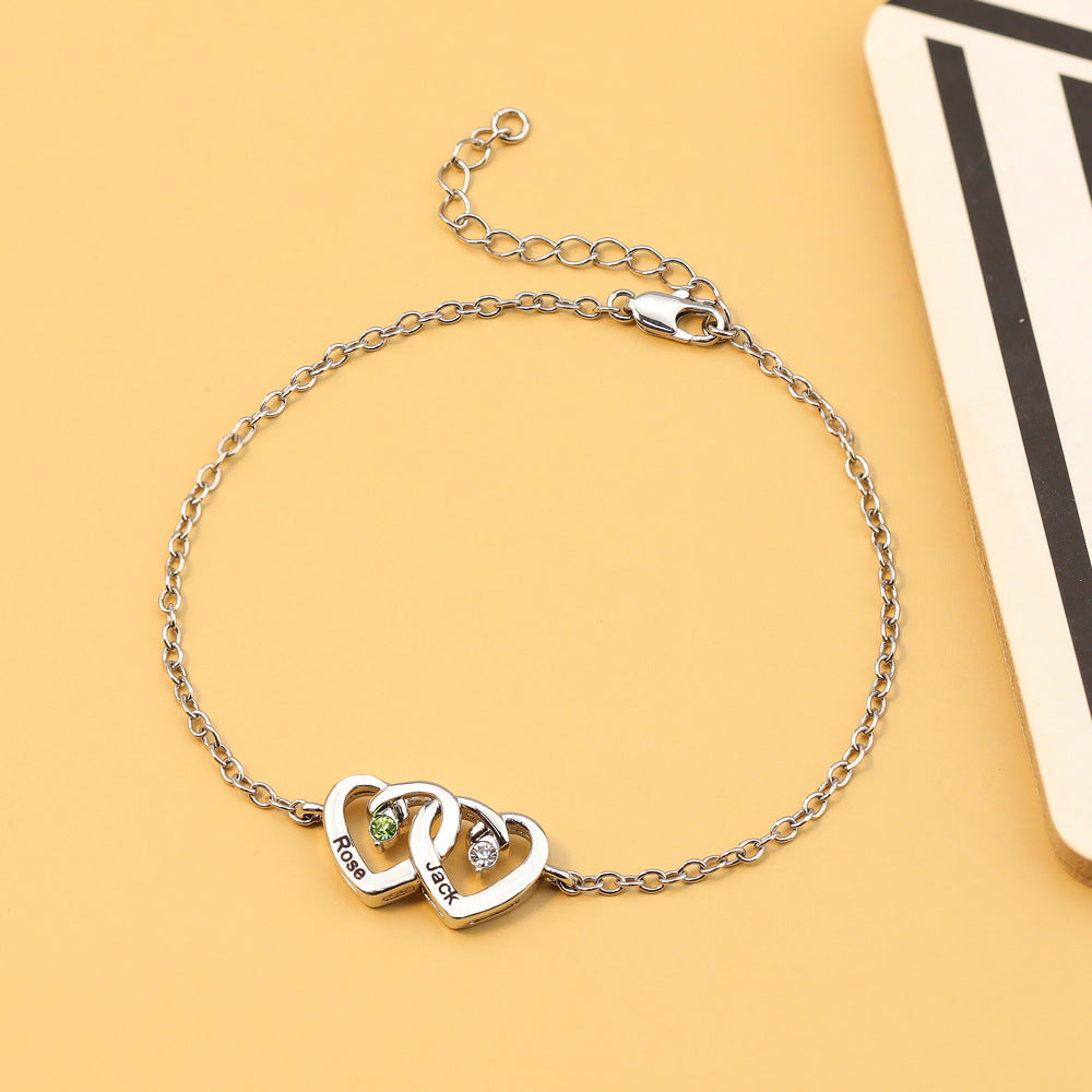 Pulsera Olivenorma con piedra natal grabada en forma de corazón y doble diamante