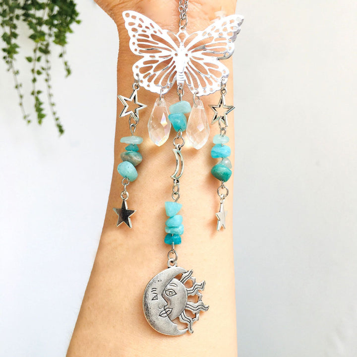 Atrapasol mariposa estilo Olivenorma, carillón de viento con forma de sol y luna 
